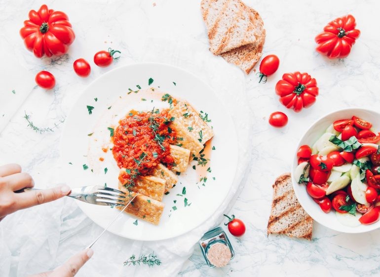 plates of healthy food with lots of red