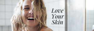 blonde woman face smiling with love your skin text