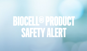 "Biocell Product Safety Alert" in white capitalized text with a light blue background