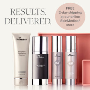 Four SkinMedica products in front of salmon colored box with text "Results Delivered. Free 2-day shipping at our online SkinMedica® store"