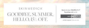 white Skinmedica Goodbye Summer Hello 15% Off graphic in front of image of ocean
