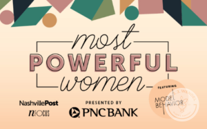 image that reads most powerful woman event with geometric shapes of various colors on a light orange background