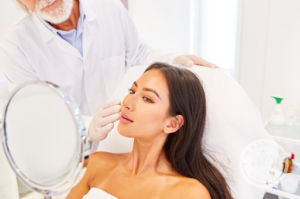 woman holding a mirror looks at reflection while a doctor stands next to her