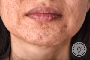 lower face with acne scars around cheeks, chin, and jawline