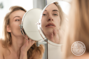 blond woman looking at reflection in circular mirror