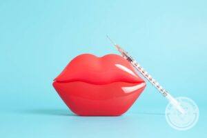 a syringe leaning against bright red plastic lips in front of a blue background