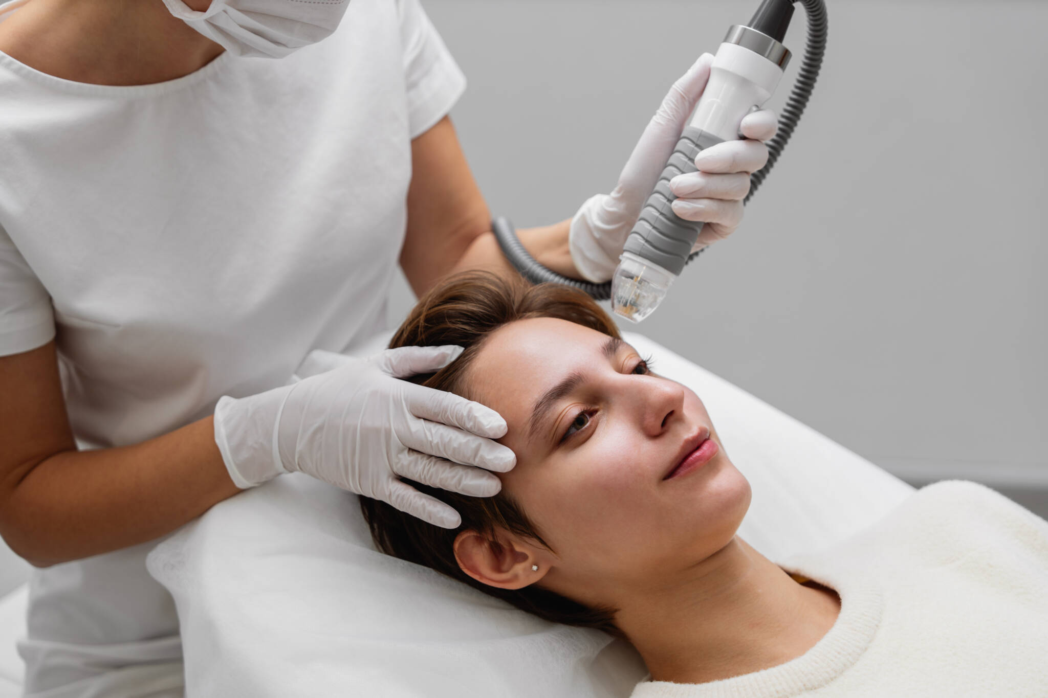 Woman with short brown hair receives microneedling treatment from person wearing white gloves