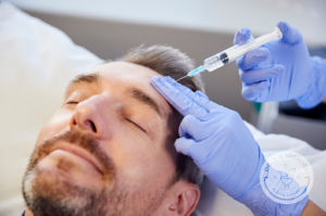 man with grey hair has eyes shut while receiving Botox treatment in forehead