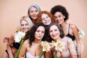 Beauty image of a group of women with different age, skin and bo
