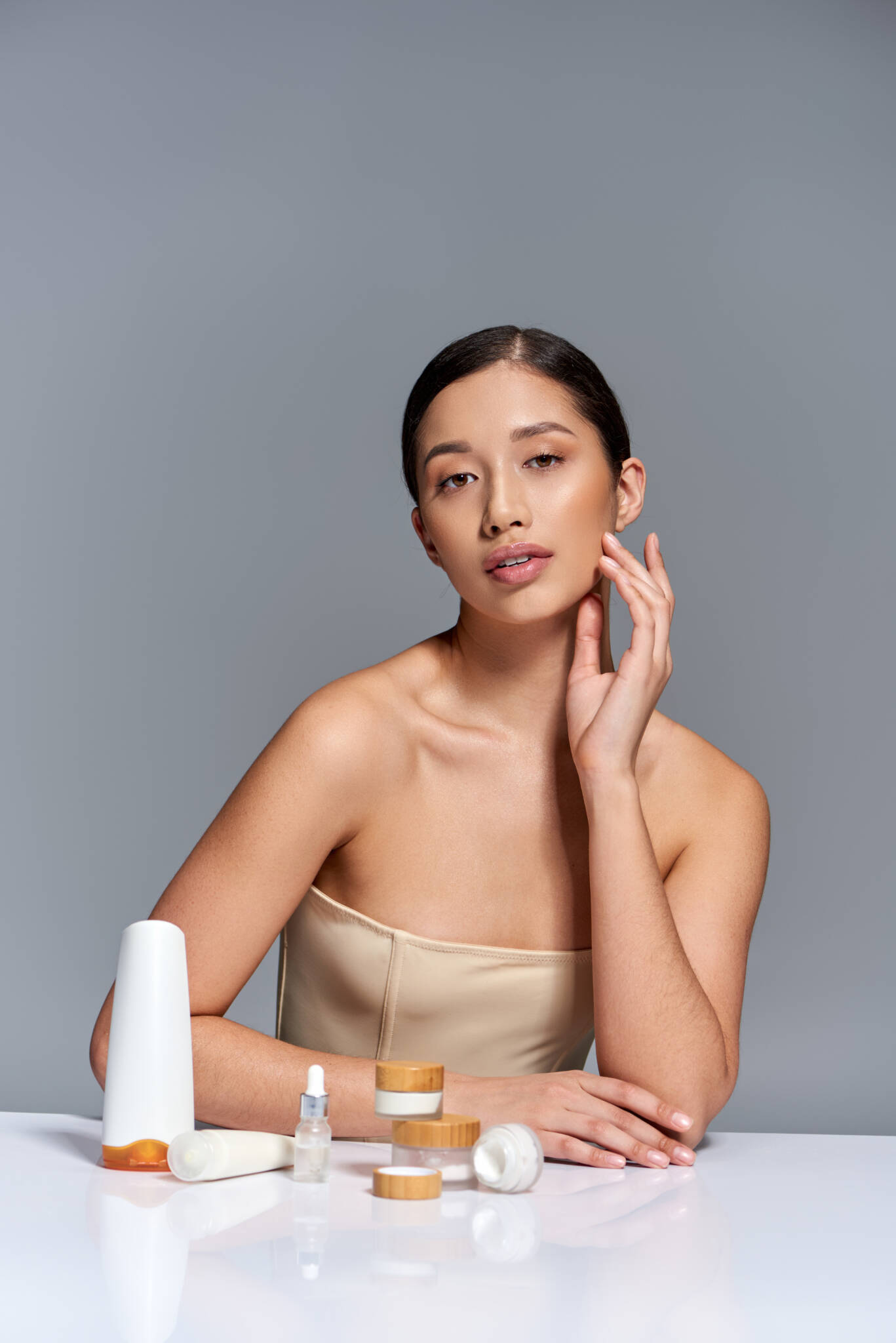 Women admires her clear skin