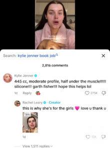 Viral TikTok comment from Kylie Jenner sharing her breast augmentation details.