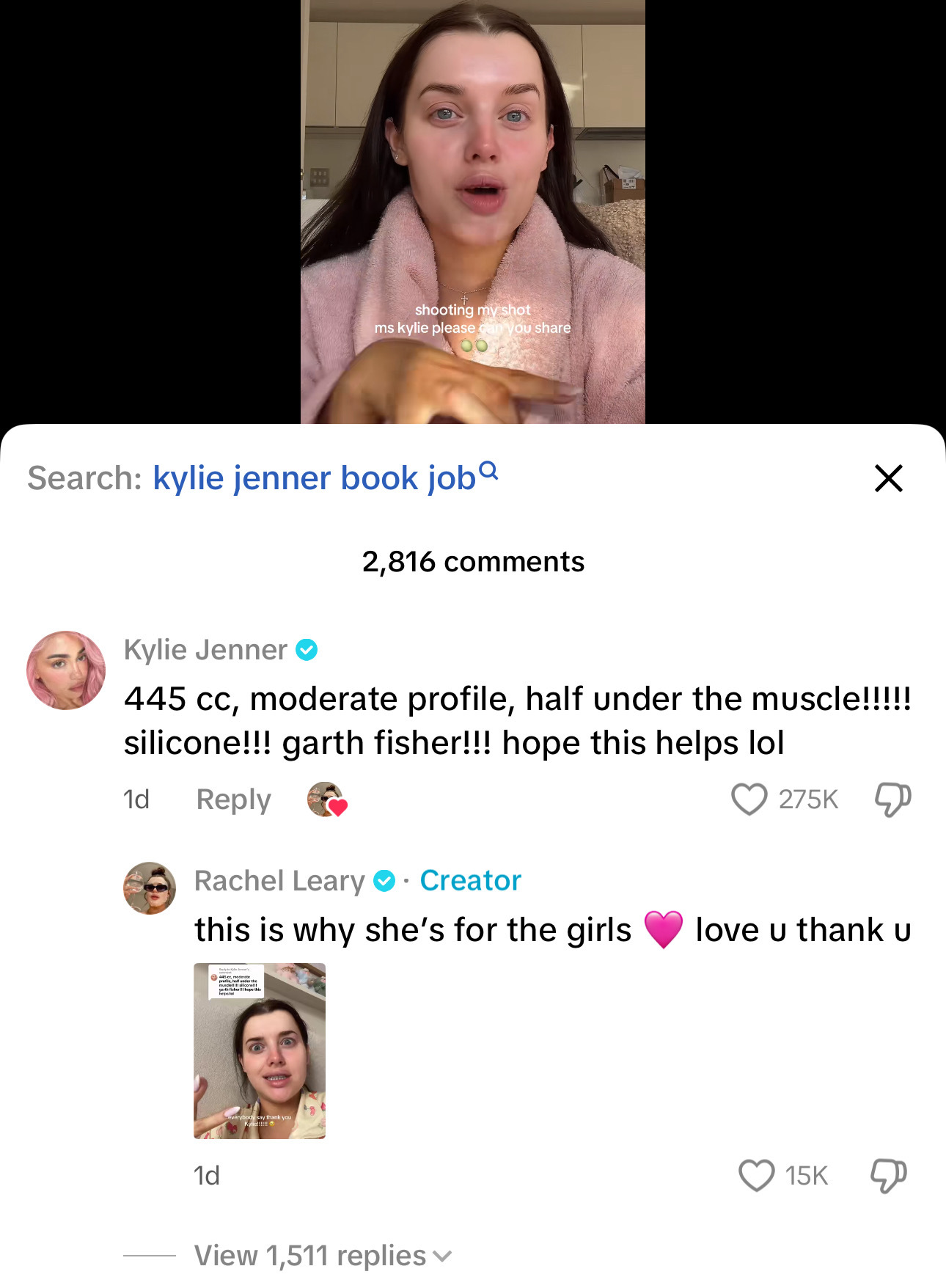 Viral TikTok comment from Kylie Jenner sharing her breast augmentation details.